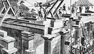 Wash Drawing Prints: Construction Of Temple In Ancient Greece