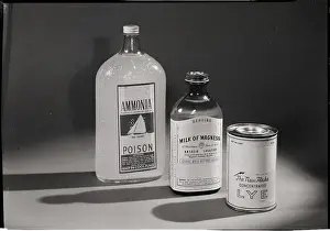 Pharmacology Prints: Containers of Ammonia, Milk of Magnesia, and Lye