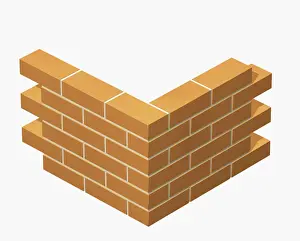Brick Wall Prints: Corner of a brick wall built in stretcher bond bricklaying pattern