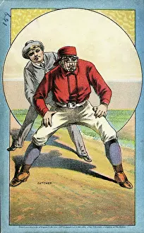 Prints of A trade card shows a baseball catcher standing in front of a referee on the baseball field, Buffalo, 1882. The card is one in a set published by Cosack and Co Transcendental Graphics Prints: Cosack & Co. Baseball Trade Card