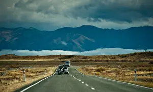 Canterbury Region New Zealand Prints: Countryside road with mountain and low cloud
