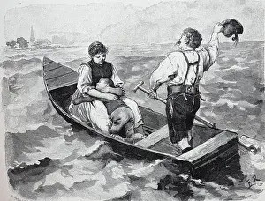 Drive Prints: Couple with child crossing the lake in a barge