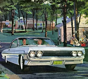 Vintage Car Illustrations Gallery: Couple Driving in White Vintage Car