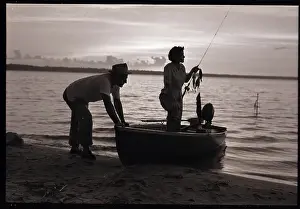 Michigan Prints: Couple on Lakeshore with Boat