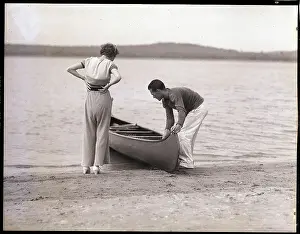Canoe Prints: Couple Launching a Canoe