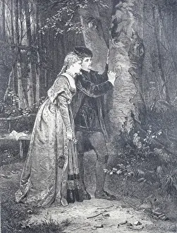 Flirt Prints: Couple in love in the forest together carving a heart with their initials into a tree trunk