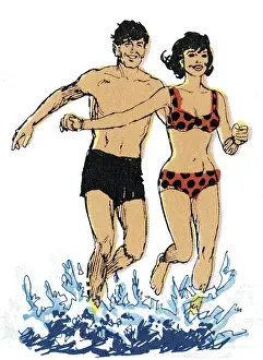 Honeymoon Prints: Couple Running in the Water