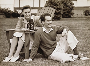 Leisure Time Collection: Couple sitting outdoors, watching view, (B&W)