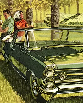 Vintage Car Illustrations Gallery: Couple Sitting on Vintage Green Car