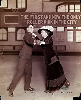 Rink Prints: Couple Skating in Roller Rink