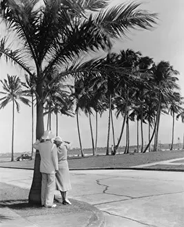 Mid Distance Prints: Couple standing at palm tree, (Rear view) (B&W)