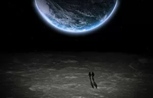 Images Dated 17th December 2016: Couple walking in the moon watching the planet earth