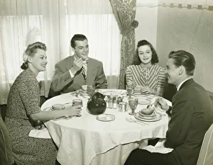 35 39 Years Collection: Two couples having dinner, (B&W)