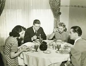 Family Room Prints: Two couples having dinner, (B&W)