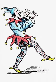 Court Jester dressed in red and blue wearing bells, stepping forward