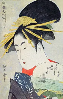 Woodblock Prints: Courtesan Holding a Fan
