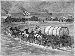 Log Cabin Prints: Covered Wagon Approaching Log Cabins