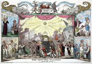 Prints of Funeral procession showing coffin labeled Vaccina aged 12 years on which stands a golden calf; four vignettes, two on each side, present realistic scenes related to cow pox A Master Illustrator’s Satirical Vision of 19th-Century Britain: The cowpox tragedy - scene the last