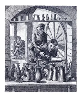 Craftsperson working at turning lathe with tin products 16th century