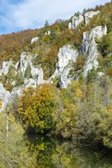 Deciduous Forest Prints: Craggy limestone rocks with a deciduous forest with autumnal colours