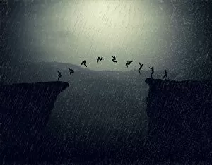 Rain Gallery: Creative art man somersault on the cliff