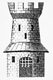 Images Dated 7th February 2007: Crenelated castle tower with portcullis, line drawing