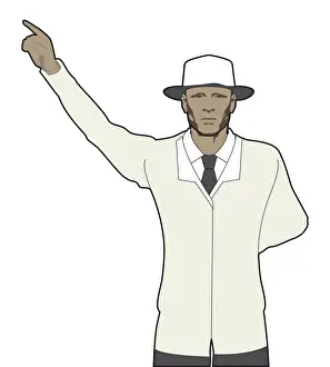 Authority Prints: Cricket umpire signalling out, one arm pointing upward, the other arm behind back