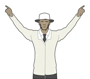 Point Prints: Cricket umpire signalling six runs, both hands pointing upward
