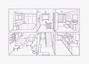 Furniture Prints: Cross section blueprint illustration of house showing rooms inside