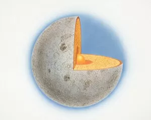 Space Science Gallery: Cross-section diagram of the moon with quarter of sphere removed to illustrate subterranean layers of matter