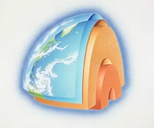 Images Dated 8th March 2006: Cross-section diagram of quarter of the earths sphere illustrating subterranean layers of matter