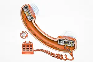 Telephone Prints: Cross-section diagram of telephone receiver connected to red button phone