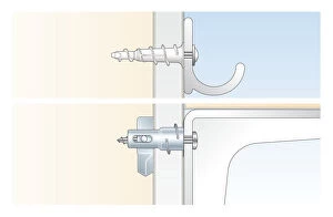 Cross section digital Illustration OF drive-in fixing, and metal toggle fixing inserted in wall