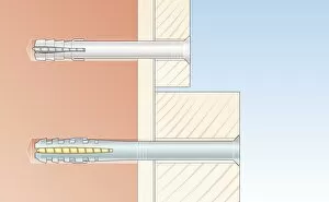 Cross section digital Illustration of hammer-in and screw-in frame fixings in wall through timber