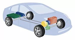Images Dated 5th February 2009: Cross section digital illustration of hybrid car showing power split unit, electric motor