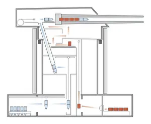 Cross section digital illustration of mechanism inside World War One US battleship turret gun