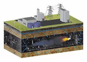 Images Dated 5th February 2009: Cross section digital illustration showing gasification power plant above coal burning below ground