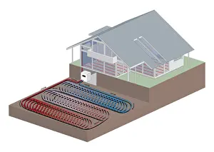 Global Warming Prints: Cross section digital illustration showing ground-source heat pumps