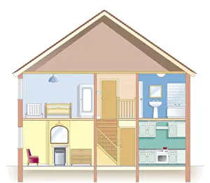 Hallway Prints: Cross section digital illustration showing places in house most at risk from condensation