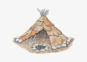 Resourceful Prints: Cross section iIllustration of wigwam made from animal skin with fire inside