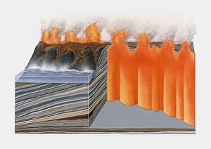 Volcano Collection: Cross section illustration of basaltic volcano