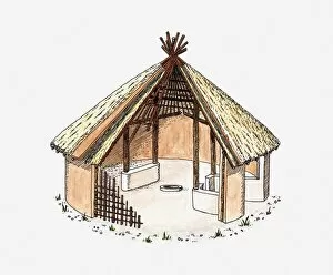 Cross section illustration of early wooden circular house with thatched roof, Banpo, Shaaxi, China