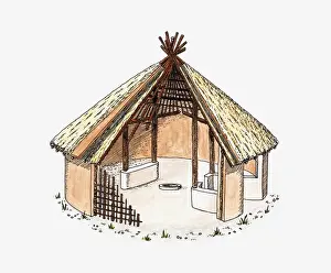 Wood Prints: Cross section illustration of early wooden circular house with thatched roof