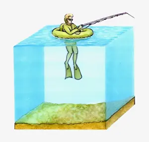 Wetsuit Prints: Cross section illustration of freshwater fisherman in float tube wearing flippers for propulsion in water