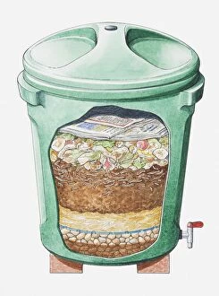 Cross section illustration of green plastic compost bin on bricks showing layers of stones, straw, soil