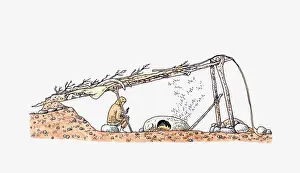Cross section illustration of Ice Age mammoth hunter sitting in front of fire inside hut, Dolni Vestonice, Moravia