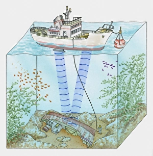 Surface Gallery: Cross section illustration of measuring distance from surface of water to ship on ocean floor using