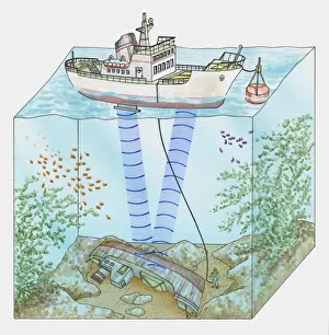 Cross section illustration of measuring distance from surface of water to ship on ocean floor using