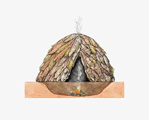 Smoking Prints: Cross section illustration of oval house made from animal skins with fire below ground and smoke rising above