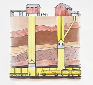 Medium Group Of Objects Gallery: Cross section illustration of pit mine showing elevators moving up and down in mine shaft